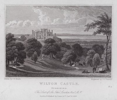 Wilton Castle, Yorkshire, säte för Sir John Lowther (gravyr) av John Preston Neale