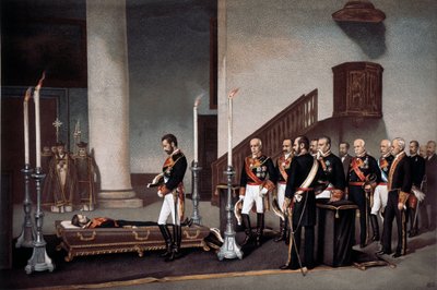 Kung Amedeo I framför general Prims kista, gravyr av J. Palacios av J. Palacios