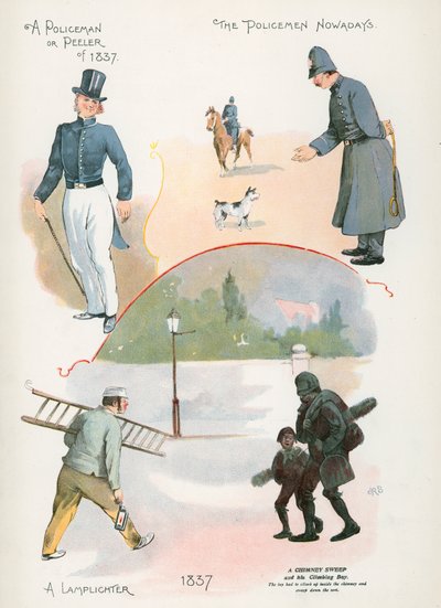 Polisman eller skalare från 1837, polisman numera, lykttändare, skorstensfejarmästare av J. R. Sinclair