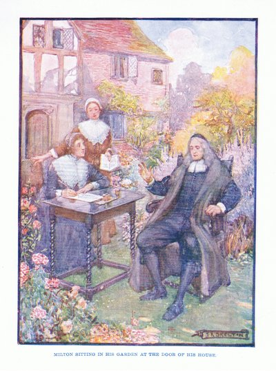 Milton sitter i sin trädgård vid dörren till sitt hus, från English Literature pub. av T C & EC Jack, ca 1920 av J. R. Skelton