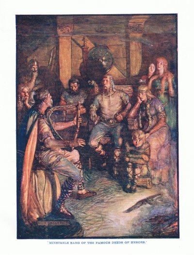 Minstrels sjöng om hjältarnas berömda gärningar, från English Literature pub. av T C & EC Jack, ca 1920 av J. R. Skelton