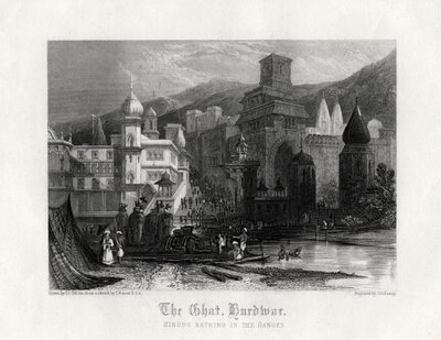 Ghat, Hurdwar, hinduer som badar i Ganges, 1800-talet av J. Redaway