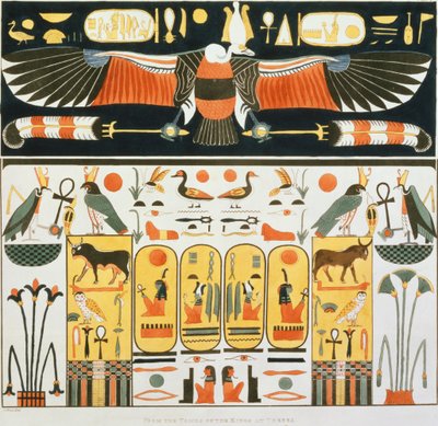 Väggmålning från Tombs of the Kings of Thebe, upptäckt av G. Belzoni, plåt 2 från `Plates Illustrative of the Researches in Egypt and Nubia`, graverad av Charles Hullmandel (1789-1850) 1820-22) (lit av J. Ricci