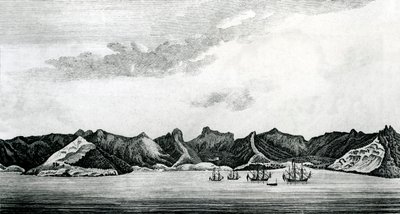 En vy över Cumberland Bay på ön Juan Fernandes, ca 1745 (gravyr) av J. S. Mason