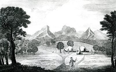 En vy av Commodore-tältet på ön Juan Fernandes, ca 1745 (gravyr) av J. S. Mason