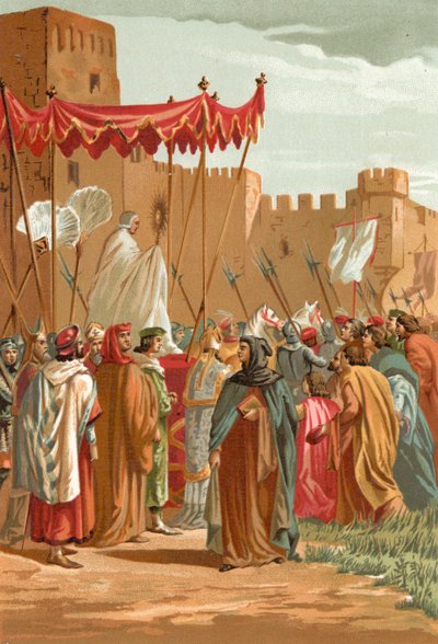 Möte av Petrarch och Guy de Chauliac utanför påvarnas slott i Avignon av J. Serra