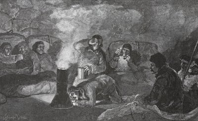 Interiör av vår vinterkoja på Camp Clay, under matlagning, 1883 pub. London 1886 av J. Steeple Davis