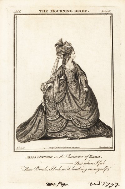 Miss Elizabeth Younge i rollen som Zara i William Congreves The Mourning Bride av J. Thornthwaite