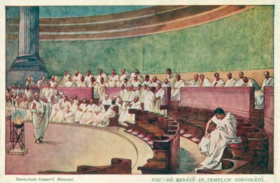 Cicero attackerar Catilina i senaten i antikens Rom (färg litho) av J. Williamson