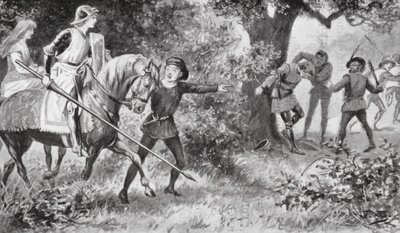 Gareth rusade på rånarna och slog till så djärvt att de sprang iväg (litografi) av J. Williamson