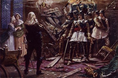 Oliver Cromwells parlamentariska soldater bryter sig in i huset till en anhängare till kung Charles I (färg litho) av J. Williamson