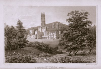 Sydvästlig vy av Fonthill Abbey, graverad av T. Higham, 1823 av J. after Rutter