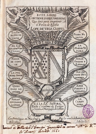 Halvtitelsida av en samling av tolv komedier av Felix Lope av Vega Carpio (1562-1635) av J. de (after) Courbes