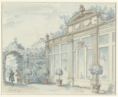 Ansikte i en fransk trädgård med gentleman och dam av J. de Marsy