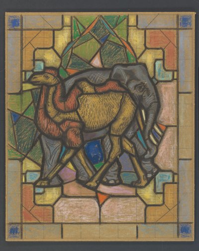 Design för ett målat glasfönster med en kamel och elefant av Jaap Weyand