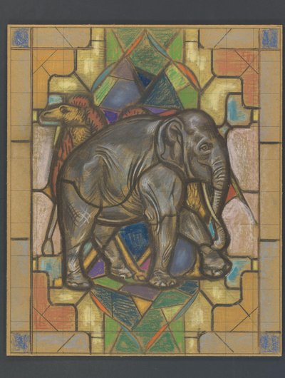 Design för ett målat glasfönster med en elefant och kamel av Jaap Weyand