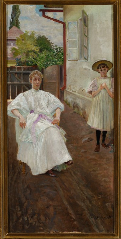 Framför huset - konstnärens hustru och dotter av Jacek Malczewski