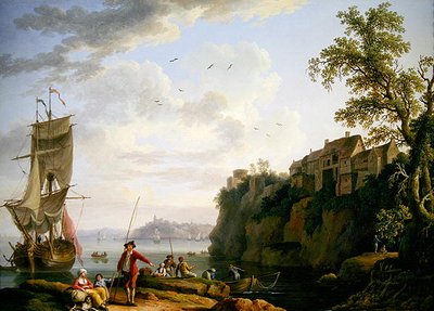 Fiskare vid ett förtöjt fartyg med en by av Jacob Philippe Hackert