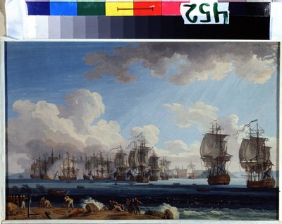 ""Slaget vid Chesma den 05/07/1770"" (Sjöslaget vid Chesma den 5 juli 1770) Det motsatte sig flottorna från Katarina II:s Ryssland och Osmanska riket till Chios i Grekland (Orloffs revolution eller expedition av Orloff bröder). gouachemålning av Jacob Philippe Hackert