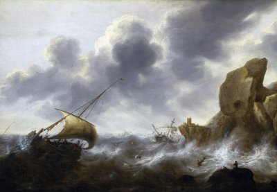 En fiskebåt i storm nära en klippig kust med ett skeppsbrott. Olja på duk av Jacob Adriaensz Bellevois (1621-1675). av Jacob Adriaensz. Bellevois
