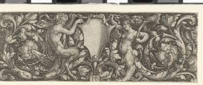 Fris med en sköld som bärs av en manlig och en kvinnlig satyr av Jacob Binck (signed by artist)