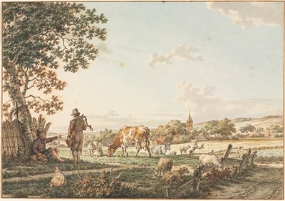 Pastoralt landskap med by, 1799. av Jacob Cats