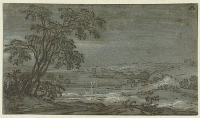 Kuperat landskap med flodböj Aen den Rijn (titel på objekt) av Jacob Colijn