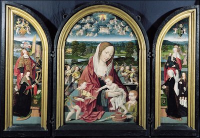 Jungfru och barn med musikskapande änglar och familjen Sampsons-Coolen, Triptych, 1500-1525 av Jacob Cornelisz van Oostsanen