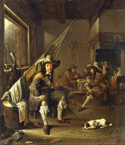 En sittande kavaljer med soldater som spelar kort, 1655 av Jacob Duck