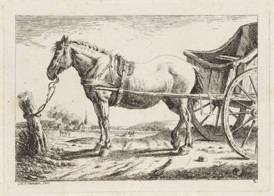 Stående häst, kopplad framför en vagn Sex tryck efter ritningar av olika mästare (serietitel) av Jacob Elias van Varelen