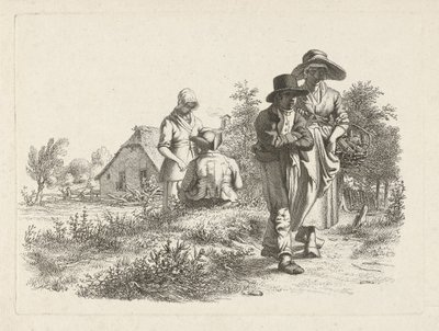 Blind kvinna och samtalande figurer på en gård Studietryck / Etudes gravées (serietitel) av Jacob Ernst Marcus