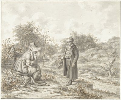Kuperat landskap med en sittande kvinna och en stående man med en korg av Jacob Ernst Marcus