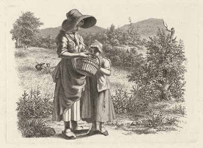 Ung kvinna och ett barn som tittar i en korg Studietryck / Etudes gravées (serietitel) av Jacob Ernst Marcus