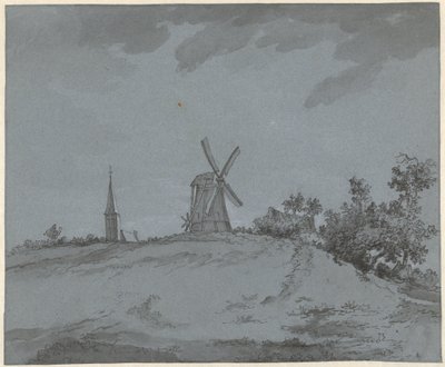 Landskap med väderkvarn och kyrka på en kulle av Jacob Ernst Marcus