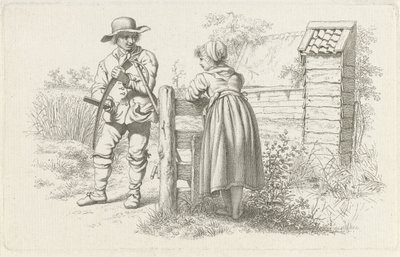 Gräsklippare pratar med en tjej Studietryck / Etudes gravées (serietitel) av Jacob Ernst Marcus