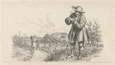 Man lutad på en pinne och en kvinna med ett barn på en landsväg Studietryck / Etudes gravées (serietitel) av Jacob Ernst Marcus