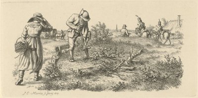 Grävande man, en kvinna med en korg och soldater till häst Studietryck / Etudes gravées (serietitel) av Jacob Ernst Marcus