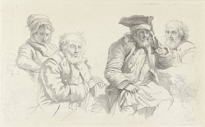 Studieblad med tre gamla män och en ung kvinna Studietryck / Etudes gravées (serietitel) av Jacob Ernst Marcus