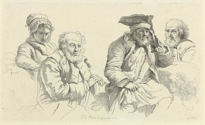 Studieblad med tre gamla män och en ung kvinna Studietryck / Etudes gravées (serietitel) av Jacob Ernst Marcus