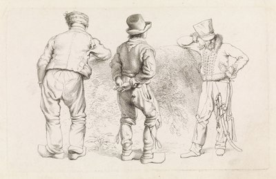 Studieblad med tre stående figurer Etudes gravées (serietitel) av Jacob Ernst Marcus