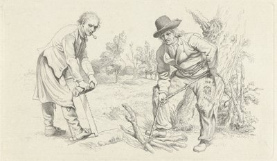 Studieark med en vedsamlare och en man med såg Studietryck / Etudes gravées (serietitel) av Jacob Ernst Marcus