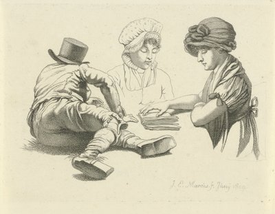 Studieblad med en liggande man och två damer Studietryck / Etudes gravées (serietitel) av Jacob Ernst Marcus