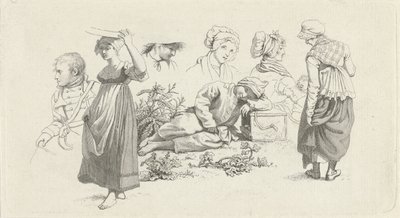 Studieark med en sovande pojke och figurer Studietryck / Etudes gravées (serietitel) av Jacob Ernst Marcus
