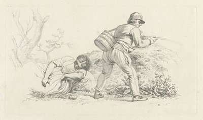 Studieblad med en sovande kvinna och en sportfiskare Studietryck / Etudes gravées (serietitel) av Jacob Ernst Marcus