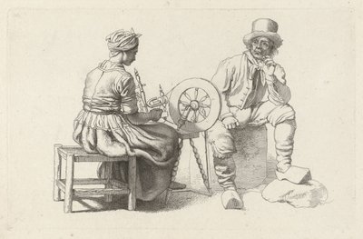 Studieark med en kvinna vid ett snurrande hjul och en sittande man Studietryck / Etudes gravées (serietitel) av Jacob Ernst Marcus