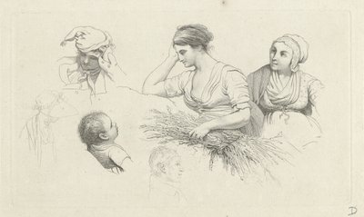 Studieblad med en kvinna med ett knippe grenar och figurer Studietryck / Etudes gravées (serietitel) av Jacob Ernst Marcus