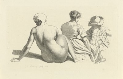 Studieblad med en sittande naken och två figurer Studietryck / Etudes gravées (serietitel) av Jacob Ernst Marcus