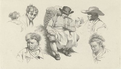 Studieblad med figurer och en vilande fiskhandlare med pipa Studietryck / Etudes gravées (serietitel) av Jacob Ernst Marcus