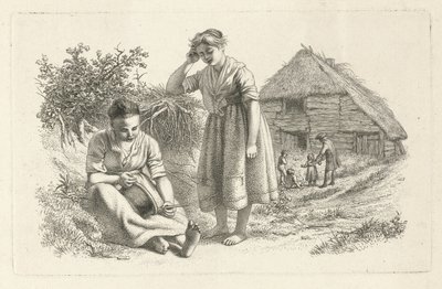 Två kvinnor och en man med barn framför en lada Studietryck / Etudes gravées (serietitel) av Jacob Ernst Marcus