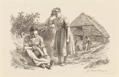 Två kvinnor och en man med barn framför en lada Studietryck / Etudes gravées (serietitel) av Jacob Ernst Marcus